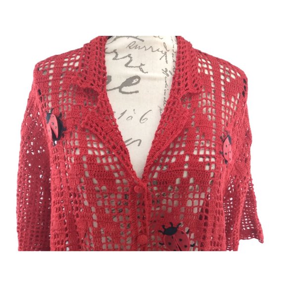 Morgan Cole open knit red button unique cardigan w/ Ladybugs measures Large/XL - Picture 13 of 16